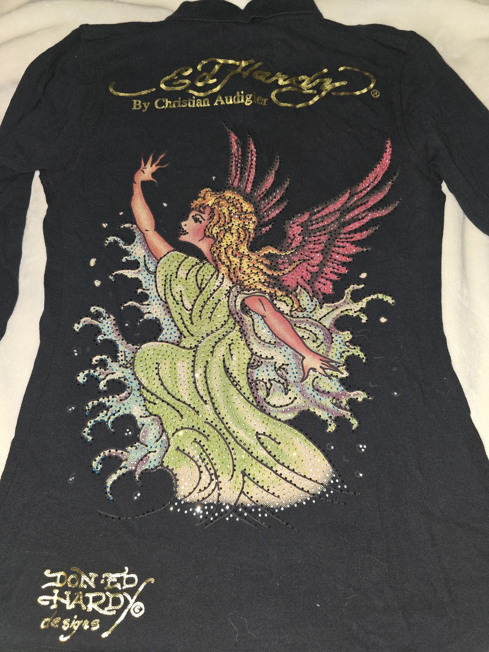 Ed Hardy Women’s Black Long-Sleeve Polo Top with Pink Floral Accent - Picture 5 of 7